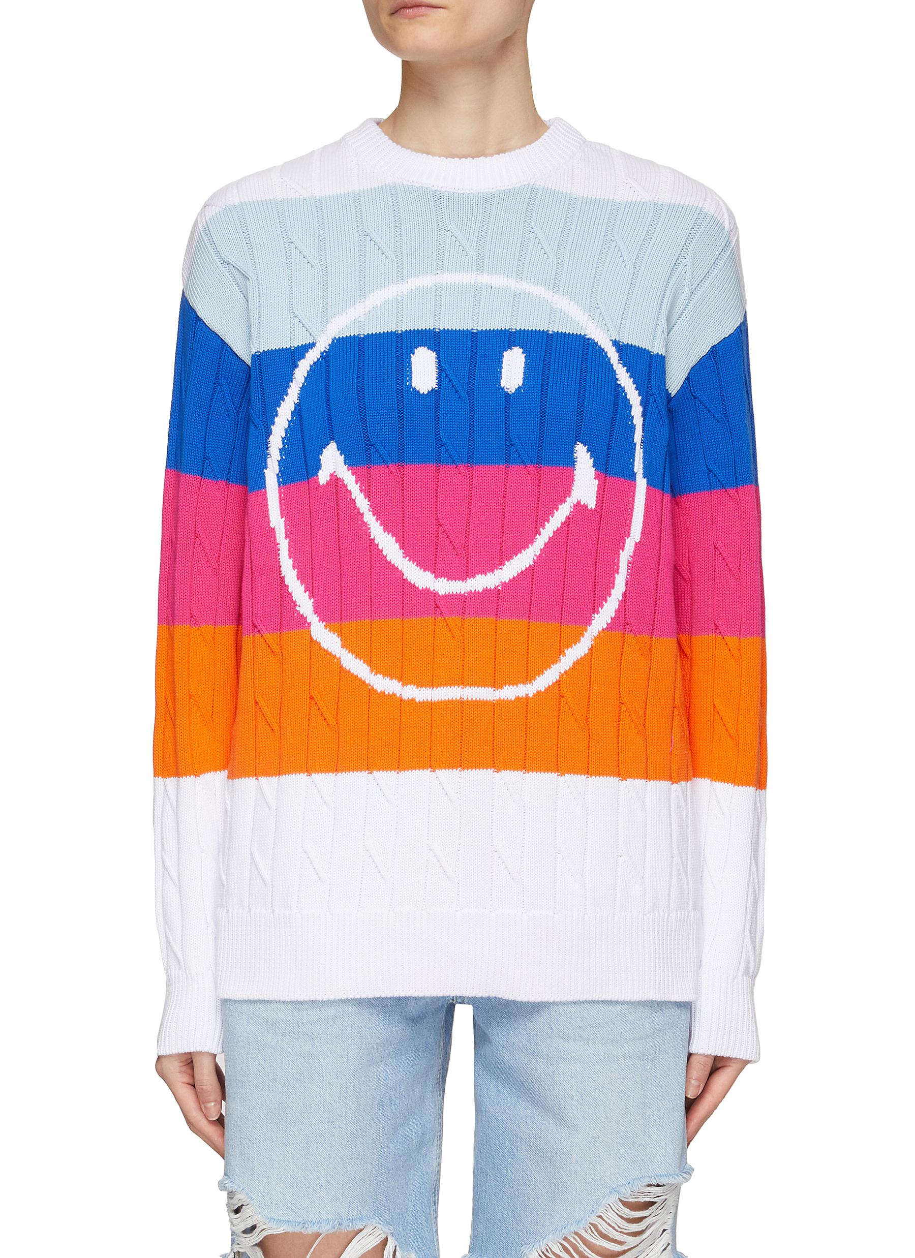 JOSHUA'S Smiley Face Striped Cotton Crewneck Sweater