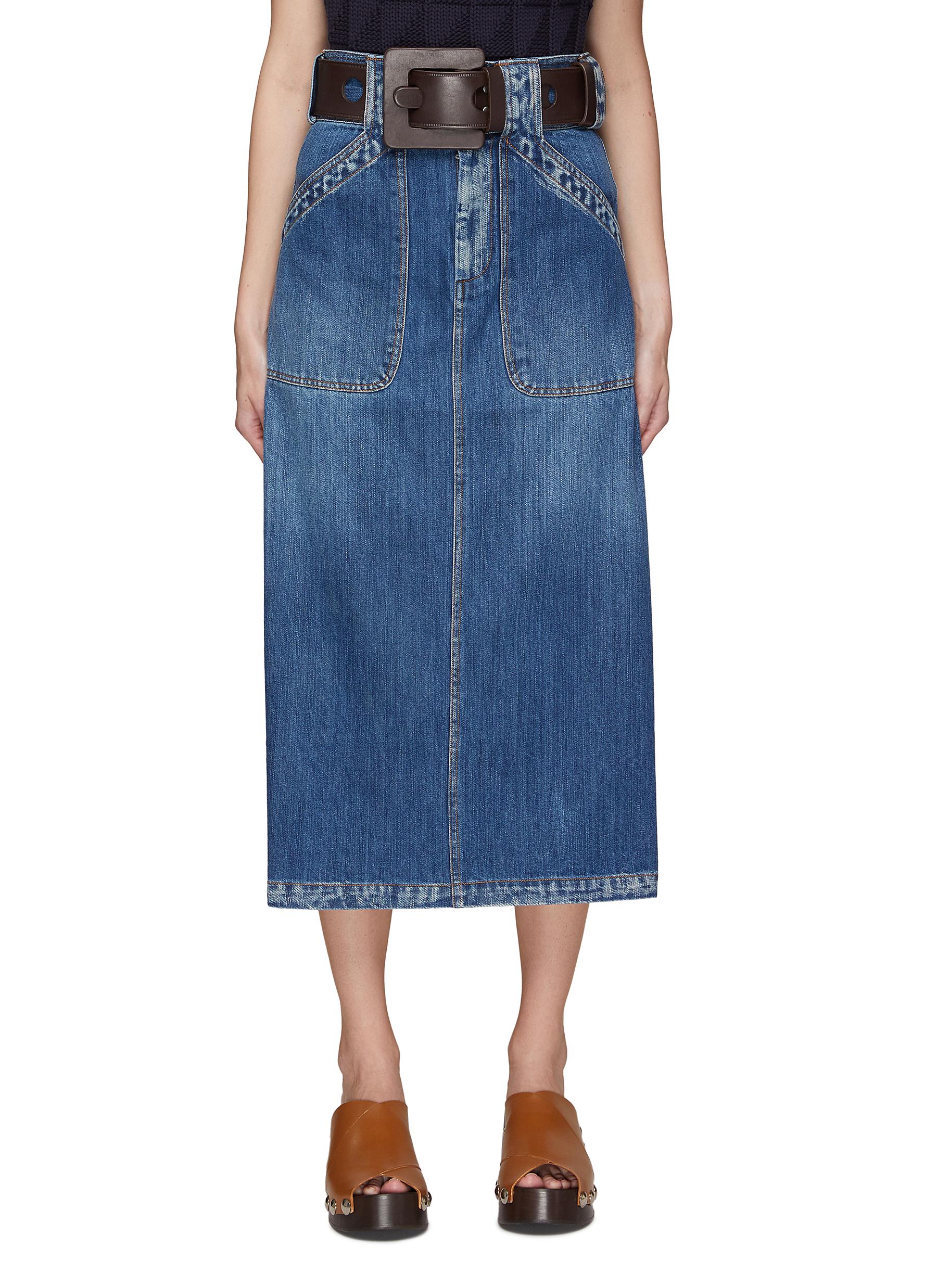 belted denim midi skirt