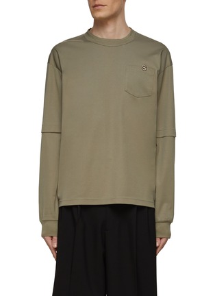 Main View - Click To Enlarge - SACAI - Logo Embroidered Crewneck Long Sleeve Double Layer Cotton Jersey T-Shirt