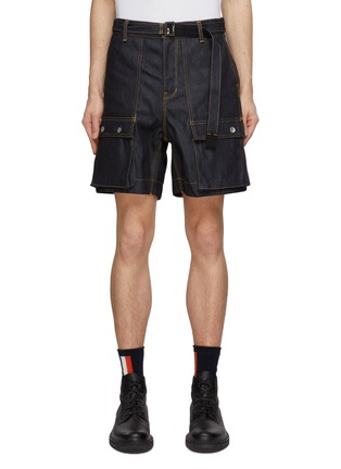 Main View - Click To Enlarge - SACAI - Belted Contrast Stitch Dark Washed Denim Cargo Shorts
