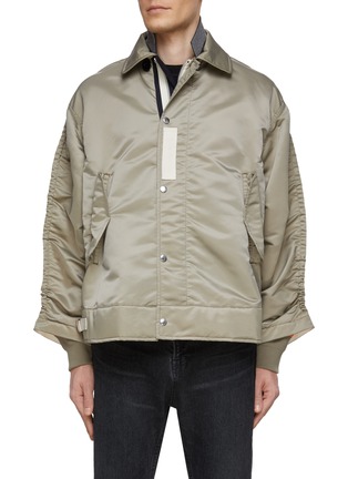 Main View - Click To Enlarge - SACAI - Ruched Detail Sleeve Front Zip Snap Button Closure Nylon Blouson