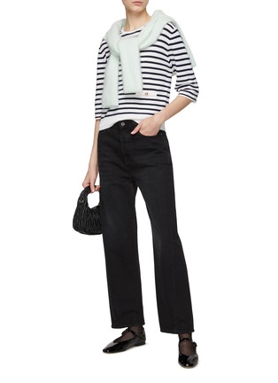 Figure View - Click To Enlarge - CRUSH COLLECTION - Crewneck Quarter Sleeve Pointelle Stripe Knit Top