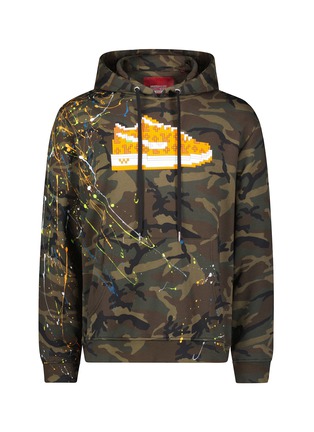 Main View - Click To Enlarge - 8-BIT - ‘Orange Louis Sneakers’ Pixelated Graphic Paint Splashed Camouflage Drawstring Hoodie