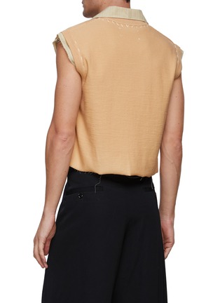 Back View - Click To Enlarge - MAISON MARGIELA - Geometric Print Silk Panel Striped Shirt Collar Raw Edge Wool Knit Top