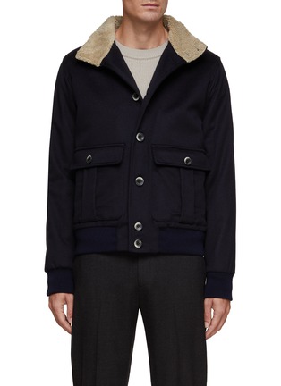 Main View - Click To Enlarge - HERNO - BUTTON FRONT SHEARLING COLLAR PLEATED FLAP POCKET LINED WOOL CASHMERE BLEND BOMBER