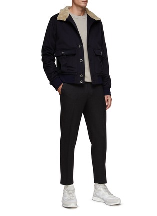 Figure View - Click To Enlarge - HERNO - BUTTON FRONT SHEARLING COLLAR PLEATED FLAP POCKET LINED WOOL CASHMERE BLEND BOMBER