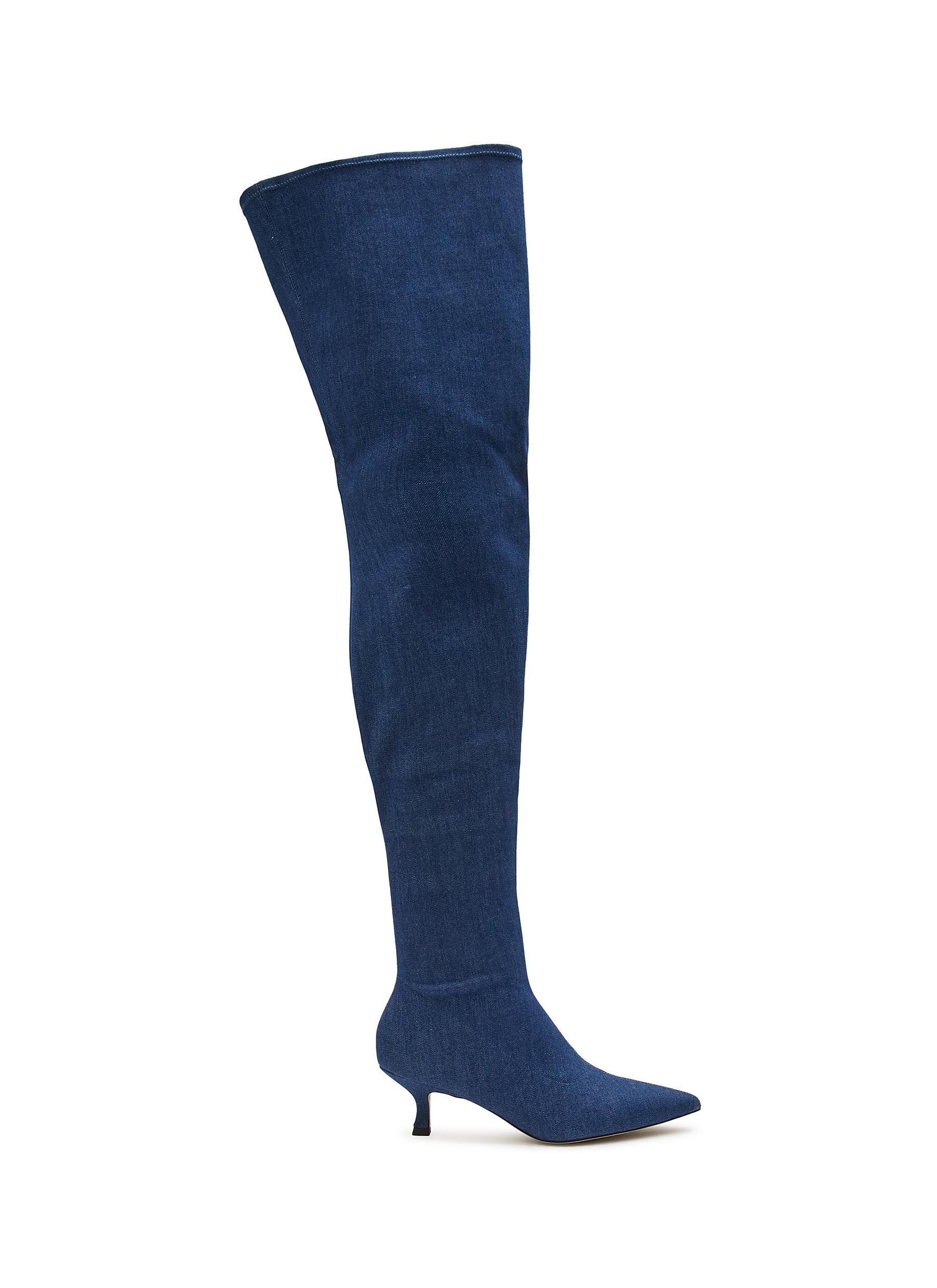Pedder Red 'sofia' Kitten Heel Denim Tall Boots In Blue