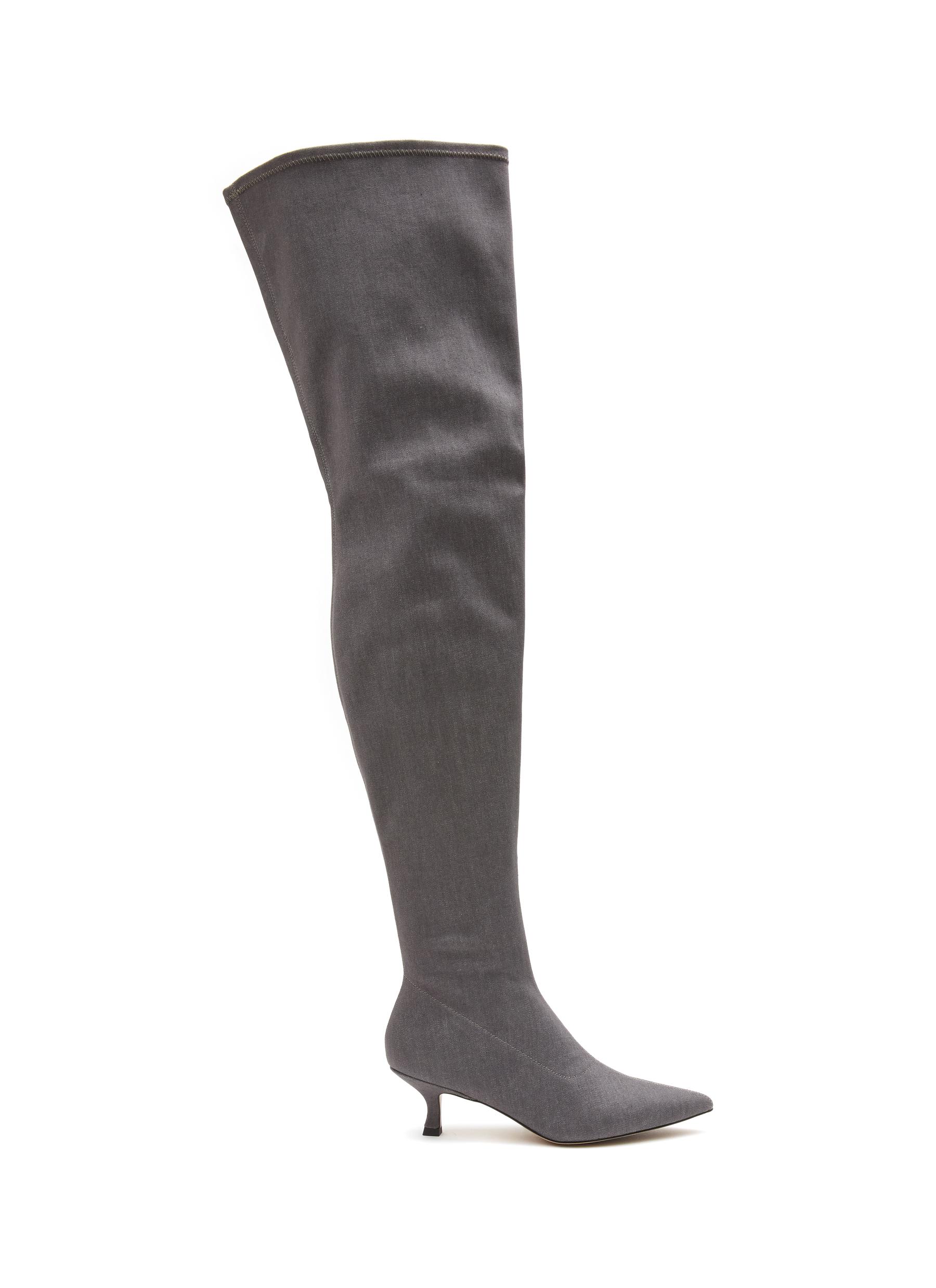 Pedder Red 'sofia' Kitten Heel Denim Tall Boots In Grey