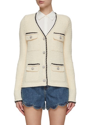 Main View - Click To Enlarge - SELF-PORTRAIT - SEQUIN CRYSTAL FAUX PEARL EMBELLISHED KNIT CARDIGAN