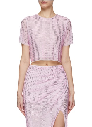 Main View - Click To Enlarge - SELF-PORTRAIT - ALL-OVER HOT FIX RHINESTONE EMBELLISHED MESH CROP TOP