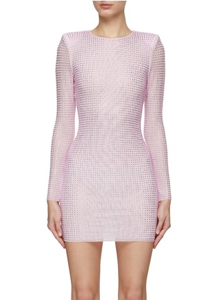 Main View - Click To Enlarge - SELF-PORTRAIT - HOT FIX RHINESTONE EMBELLISHED LONG SLEEVE REMOVEABLE SHOULDER PAD MESH DRESS