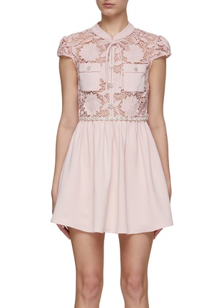 Main View - Click To Enlarge - SELF-PORTRAIT - CRYSTAL EMBELLISHED SELF TIE BAND COLLAR GUIPURE LACE MINI DRESS