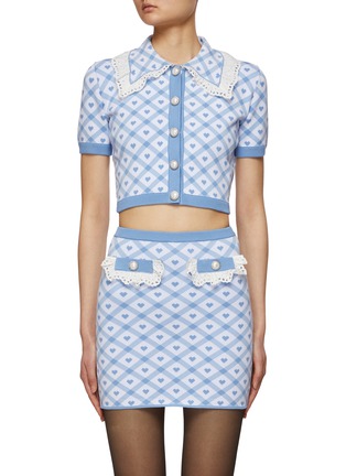 Main View - Click To Enlarge - ALESSANDRA RICH - HEART MOTIF CHEQUERED JACQUARD KNIT CARDIGAN