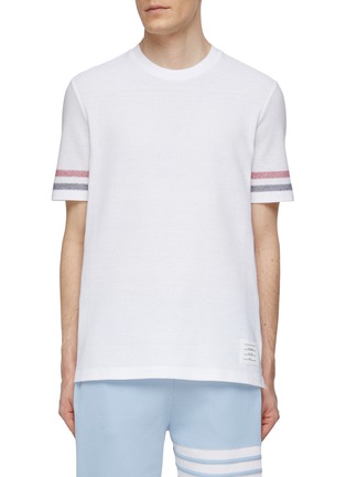 Main View - Click To Enlarge - THOM BROWNE - Tricoloured Sleeve Stripe Textured Cotton Crewneck T-Shirt
