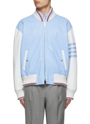 Main View - Click To Enlarge - THOM BROWNE - 4 Bar Motif Front Zip Lamb Leather Oversized Varsity Jacket