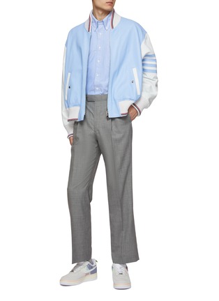 Figure View - Click To Enlarge - THOM BROWNE - 4 Bar Motif Front Zip Lamb Leather Oversized Varsity Jacket
