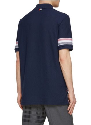 Back View - Click To Enlarge - THOM BROWNE  - Tricolour Stripe Motif Side Slit Cotton Knit Polo Shirt
