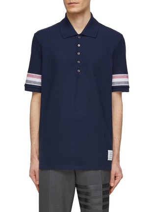 Main View - Click To Enlarge - THOM BROWNE  - Tricolour Stripe Motif Side Slit Cotton Knit Polo Shirt