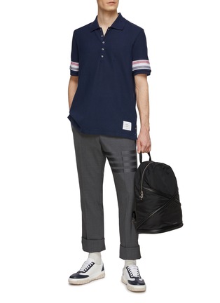 Figure View - Click To Enlarge - THOM BROWNE  - Tricolour Stripe Motif Side Slit Cotton Knit Polo Shirt