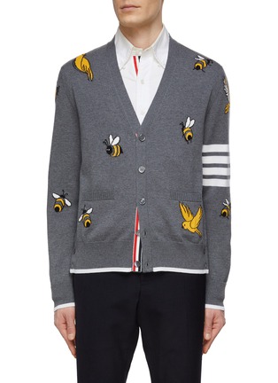 Main View - Click To Enlarge - THOM BROWNE  - Birds And Bees Intarsia 4 Bar Stripe Wool Blend Cardigan