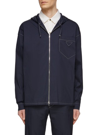 Main View - Click To Enlarge - PRADA - Logo Patch Contrast Stitch Drawstring Hood Front Zip Jacket