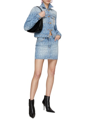 Figure View - Click To Enlarge - VERSACE - All Over Logo Washed Denim Mini Skirt