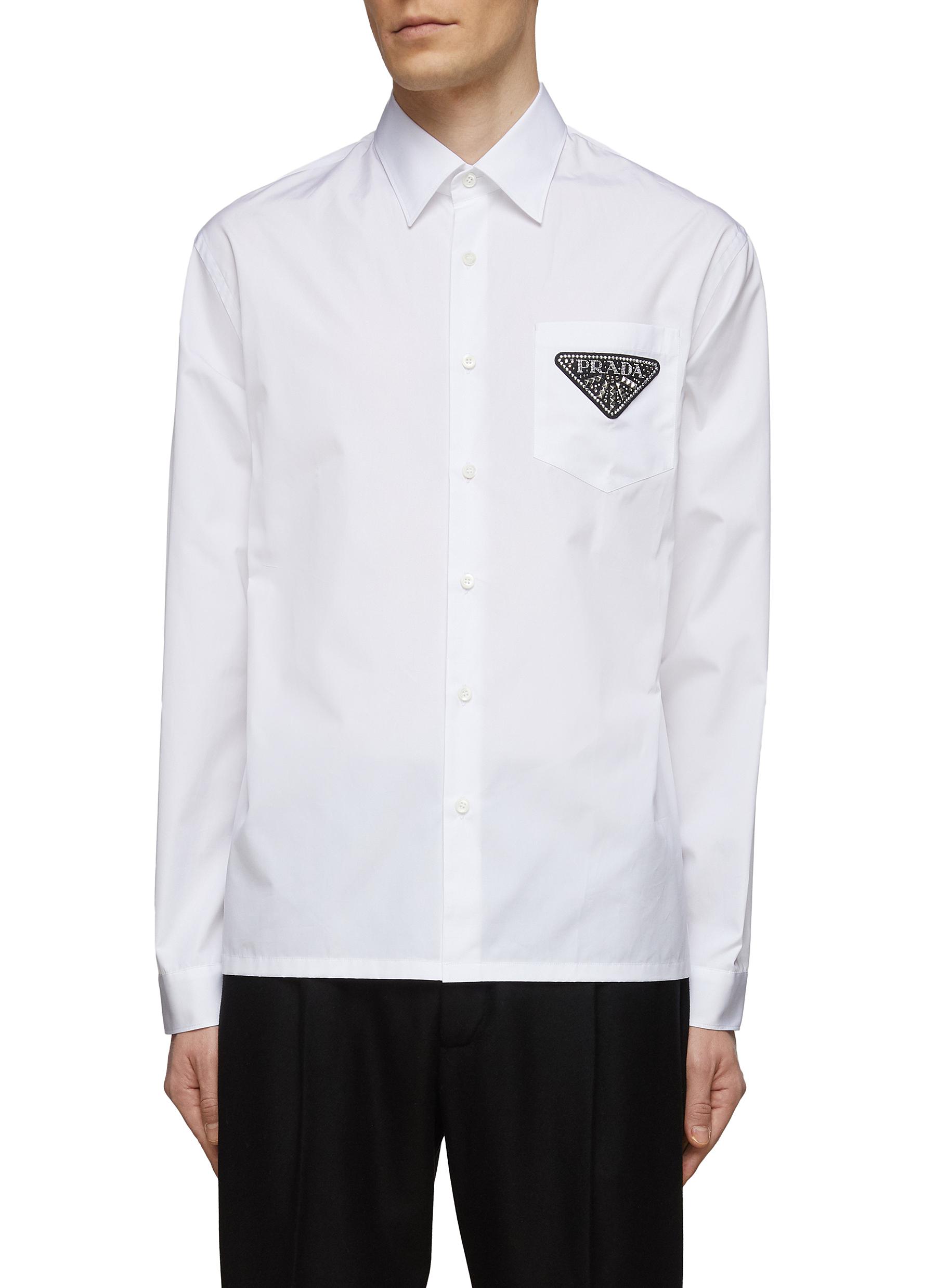 PRADA | LOGO PATCH COTTON POPLIN BUTTON UP SHIRT | Men | Lane Crawford