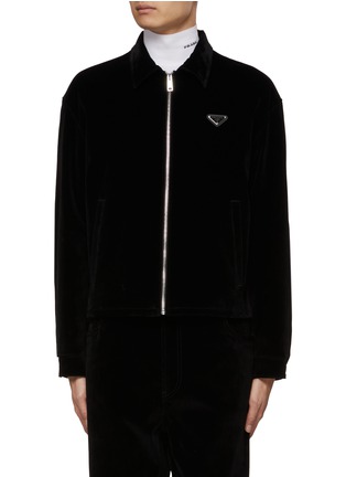 Main View - Click To Enlarge - PRADA - Triangular Logo Velvet Zip Up Shirt Jacket