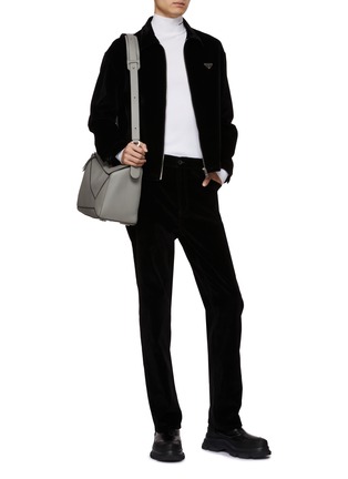 Figure View - Click To Enlarge - PRADA - Triangular Logo Velvet Zip Up Shirt Jacket