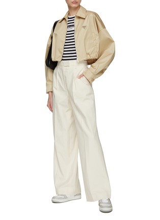 Figure View - Click To Enlarge - PRADA - Logo Patch Flat Front Pressed Crease Wide Leg Tailored Pants