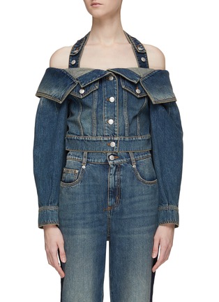 Main View - Click To Enlarge - ALEXANDER MCQUEEN - LONG SLEEVE COLD SHOULDER PUFF SLEEVE DENIM TOP