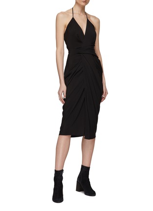 Figure View - Click To Enlarge - RICK OWENS  - ‘Laura’ Halter V-Neck Ruched Detail Silk Blend Midi Dress