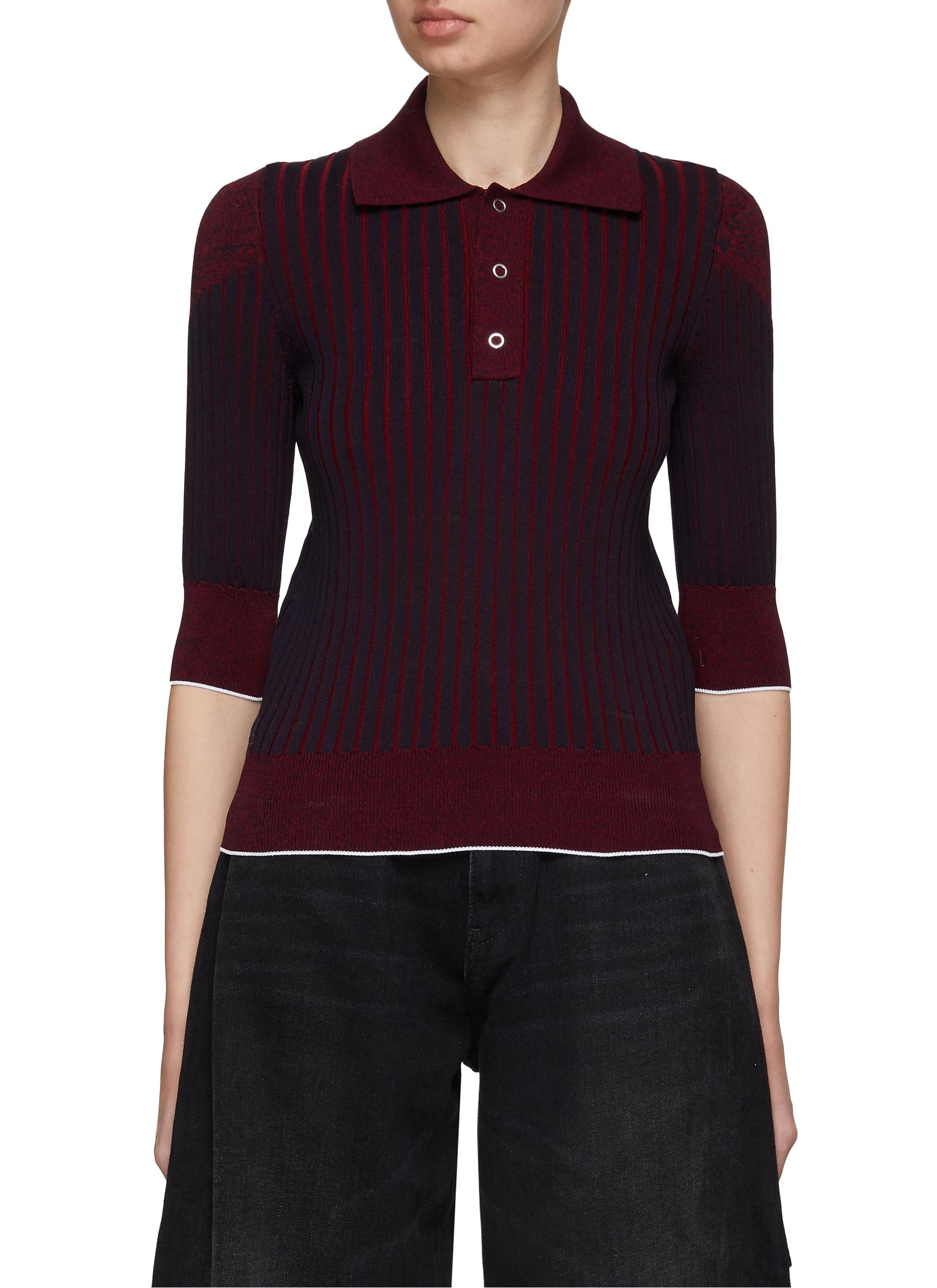 Bicoloured Ribbed Knit Quarter Sleeve Polo Shirt