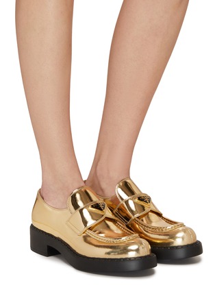 Figure View - Click To Enlarge - PRADA - Chocolate Metallic Leather Loafers