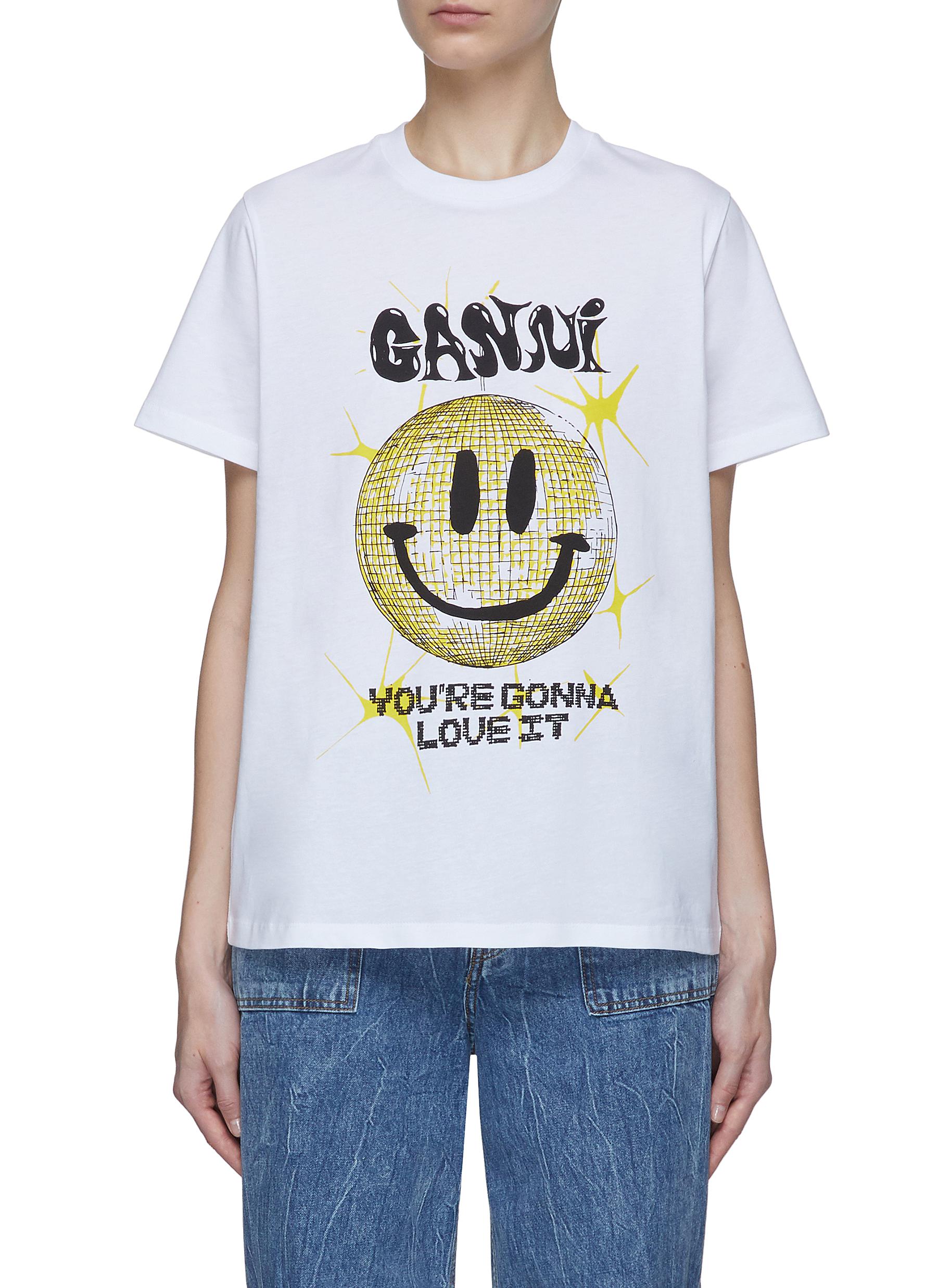Smiley Face Print Cotton Loose Fit Crewneck T-Shirt