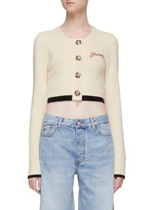 Main View - Click To Enlarge - GANNI - LOGO EMBROIDERED CREWNECK CROPPED KNIT CARDIGAN