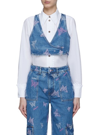 Main View - Click To Enlarge - GANNI - Butterfly Embroidery Washed Denim Cropped Vest