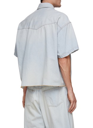 Back View - Click To Enlarge - KOLOR BEACON - Asymmetric Hem Frayed Hem Washed Denim Shirt