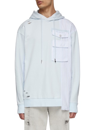 Main View - Click To Enlarge - FENG CHEN WANG - Striped Panel Ripped Drawstring Hoodie