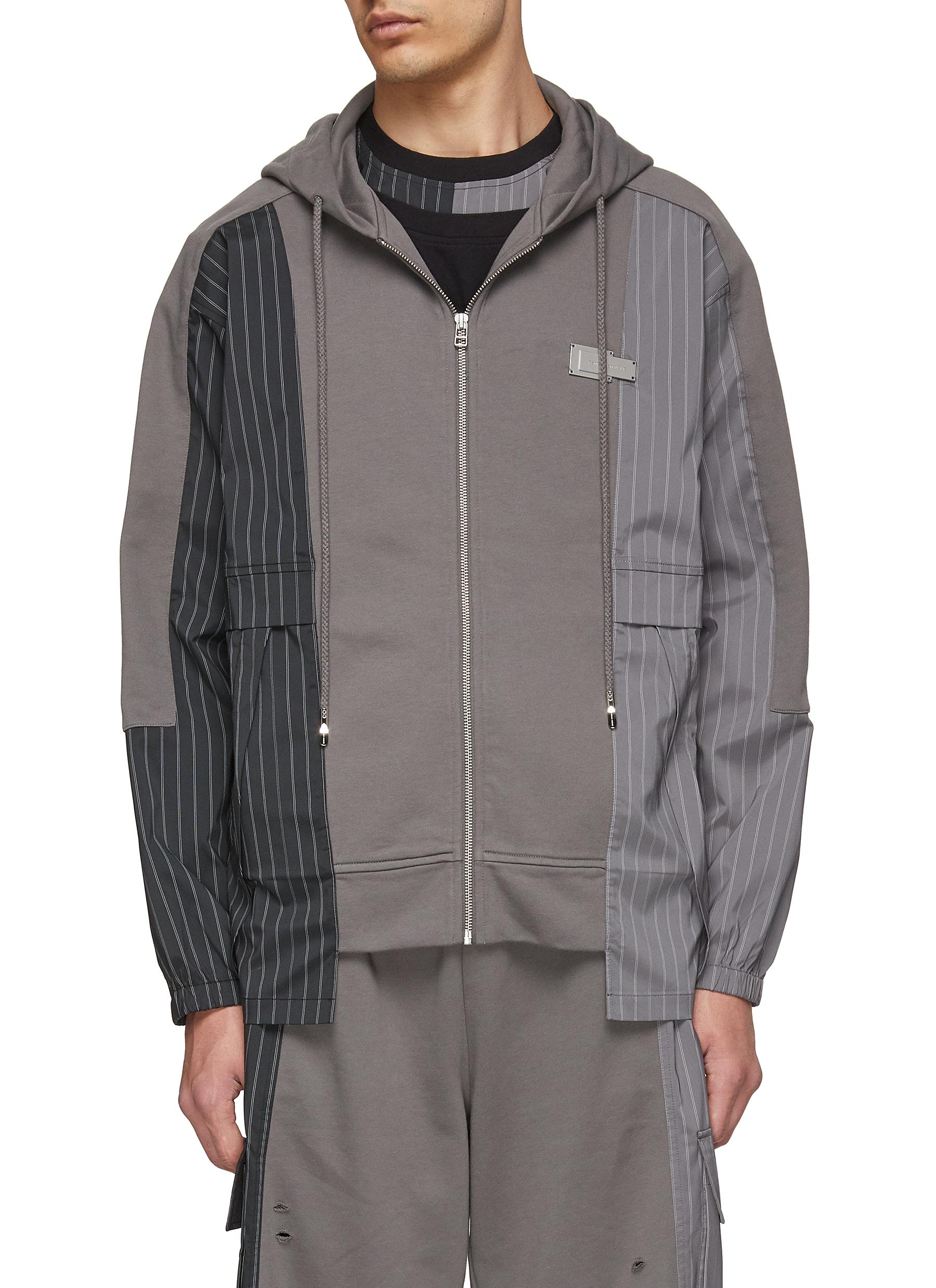 Striped Panel Cotton Blend Zip Up Hoodie In Grey