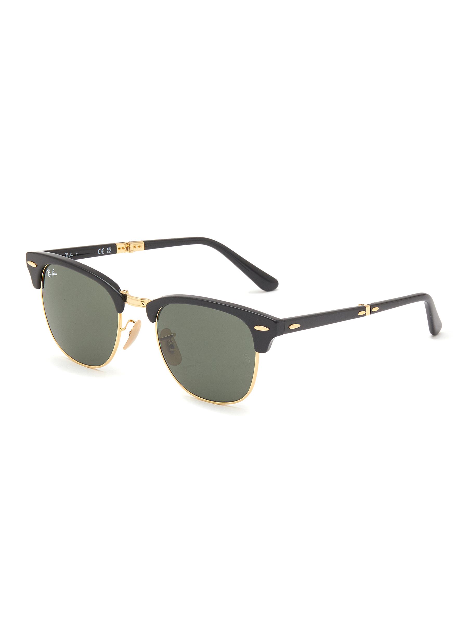 RAY-BAN ‘Clubmaster' Foldable Green Lens Metal Sunglasses