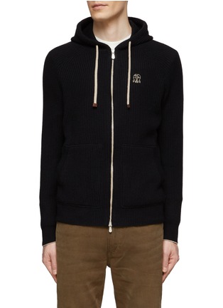Main View - Click To Enlarge - BRUNELLO CUCINELLI - DRAWSTRING HOOD RIBBED CASHMERE KNIT JACKET
