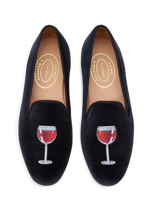 Detail View - Click To Enlarge - STUBBS & WOOTTON - ‘REDWINE’ ALMOND TOE WINE EMBROIDERED VELVET LOAFERS