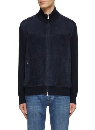 Main View - Click To Enlarge - BRUNELLO CUCINELLI - Suede Front Panel Cotton Knit Zip Up Jacket