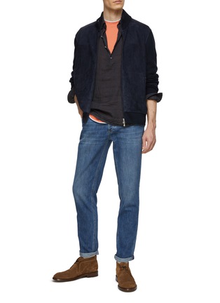 Figure View - Click To Enlarge - BRUNELLO CUCINELLI - Suede Front Panel Cotton Knit Zip Up Jacket