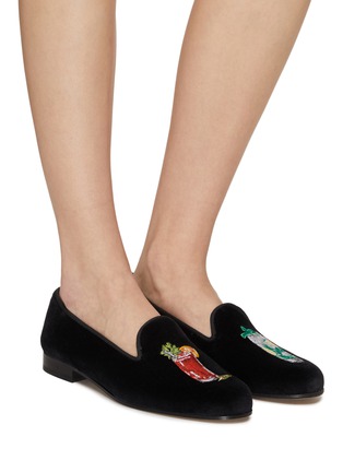 Figure View - Click To Enlarge - STUBBS & WOOTTON - ‘MARY MOJITO’ COCKTAIL EMBROIDERY FLAT VELVET LOAFERS