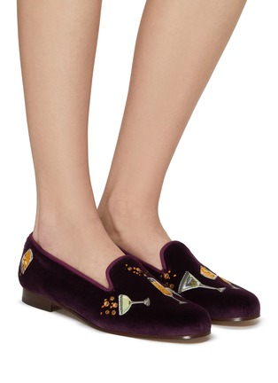 Figure View - Click To Enlarge - STUBBS & WOOTTON - ‘CELEBRATION’ DRINKING GLASSES EMBROIDERY FLAT VELVET LOAFERS