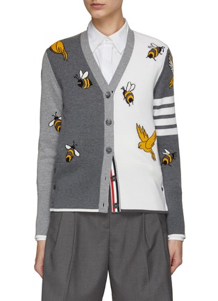 Main View - Click To Enlarge - THOM BROWNE  - Bird and Bees Intarsia 4 Bar Merino Wool Cotton Blend Knit Cardigan