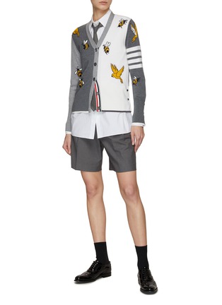 Figure View - Click To Enlarge - THOM BROWNE - Bird and Bees Intarsia 4 Bar Merino Wool Cotton Blend Knit Cardigan