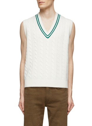 CONTRAST TRIM V-NECK CASHMERE CABLE KNIT VEST